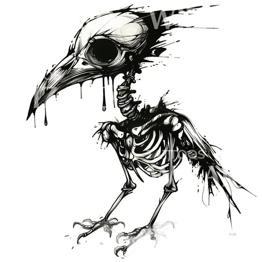 Skeleton Crow Dripping in Shadows Tattoo Design