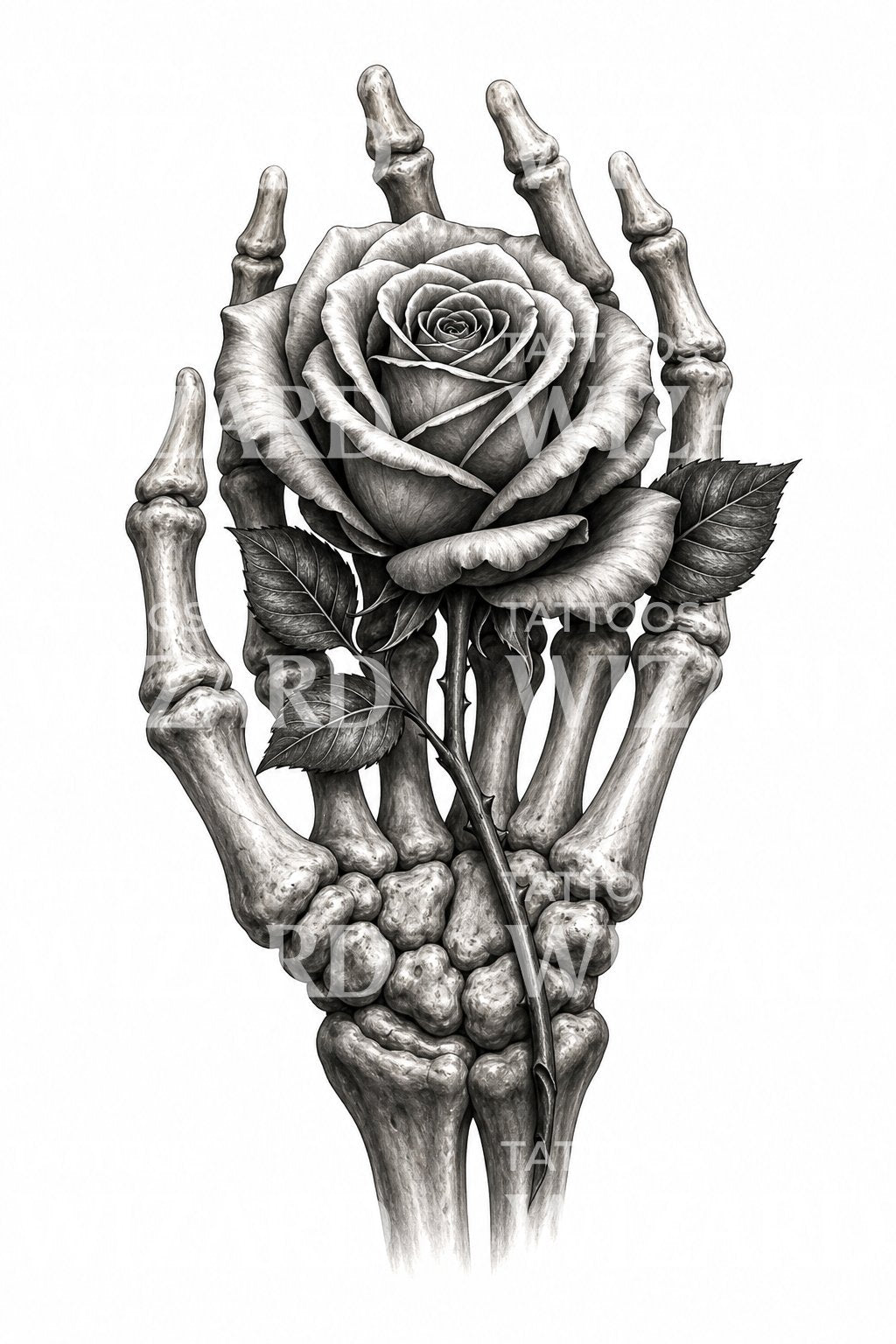 Skeleton Hand Holding Rose Tattoo Design