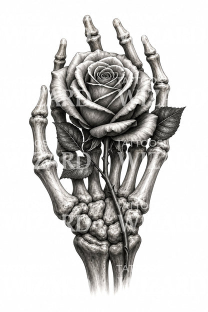 Skeleton Hand Holding Rose Tattoo Design