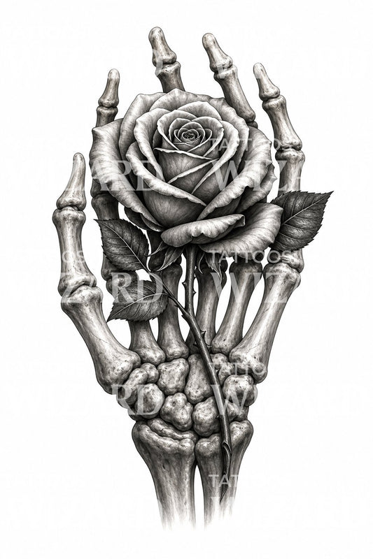Tatueringsdesign med skeletthand som håller en ros