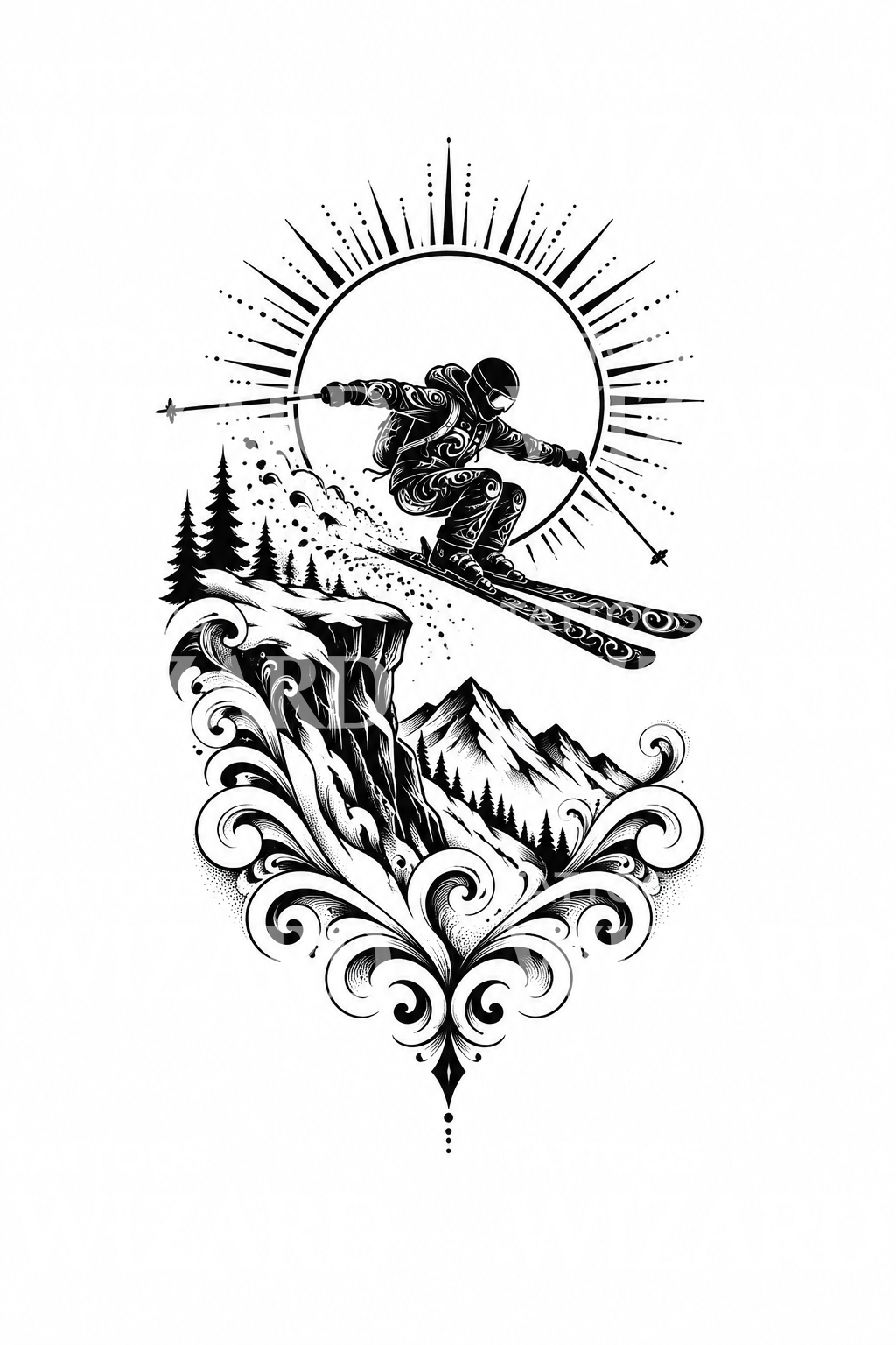Skier Cliff Drop Ornamental Tattoo Illustration – Tattoos Wizard Designs