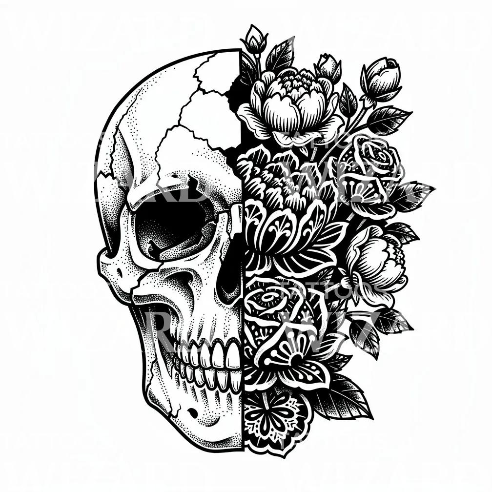 Skull and Bloom Tattoo Design