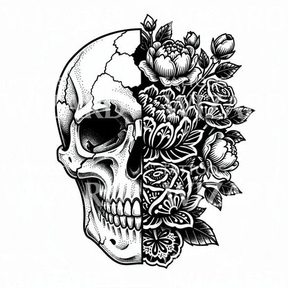 Skull and Bloom Tattoo Design
