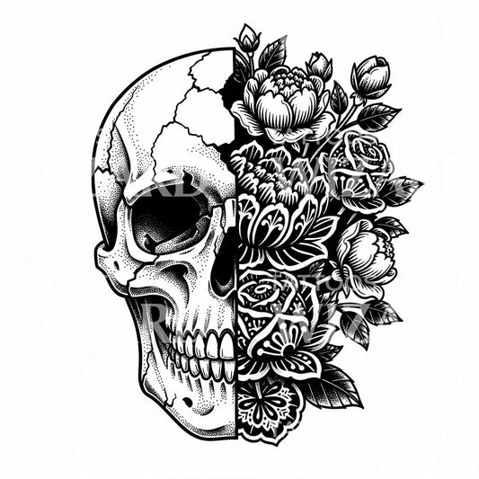 Skull and Bloom Tattoo Design