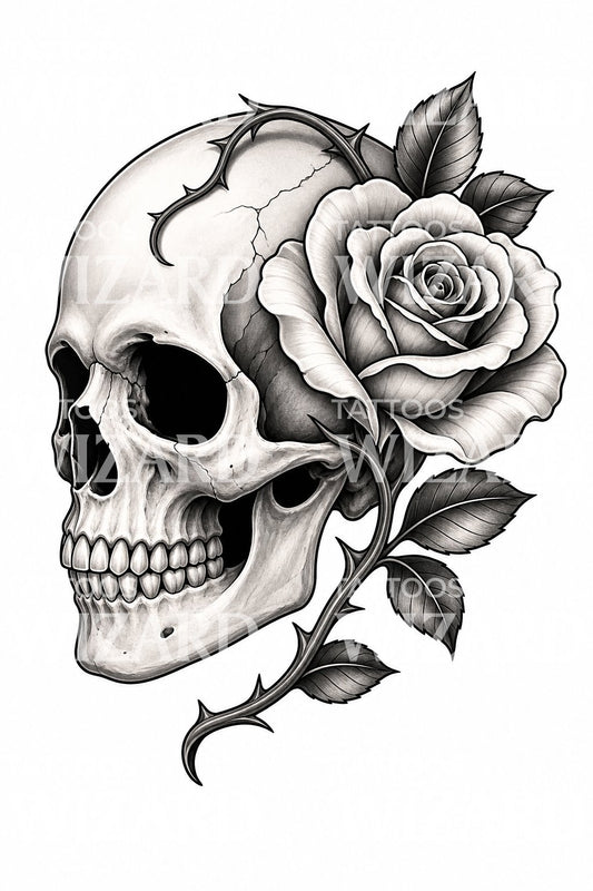 Skull and Rose Neo Traditional Tattoo Design