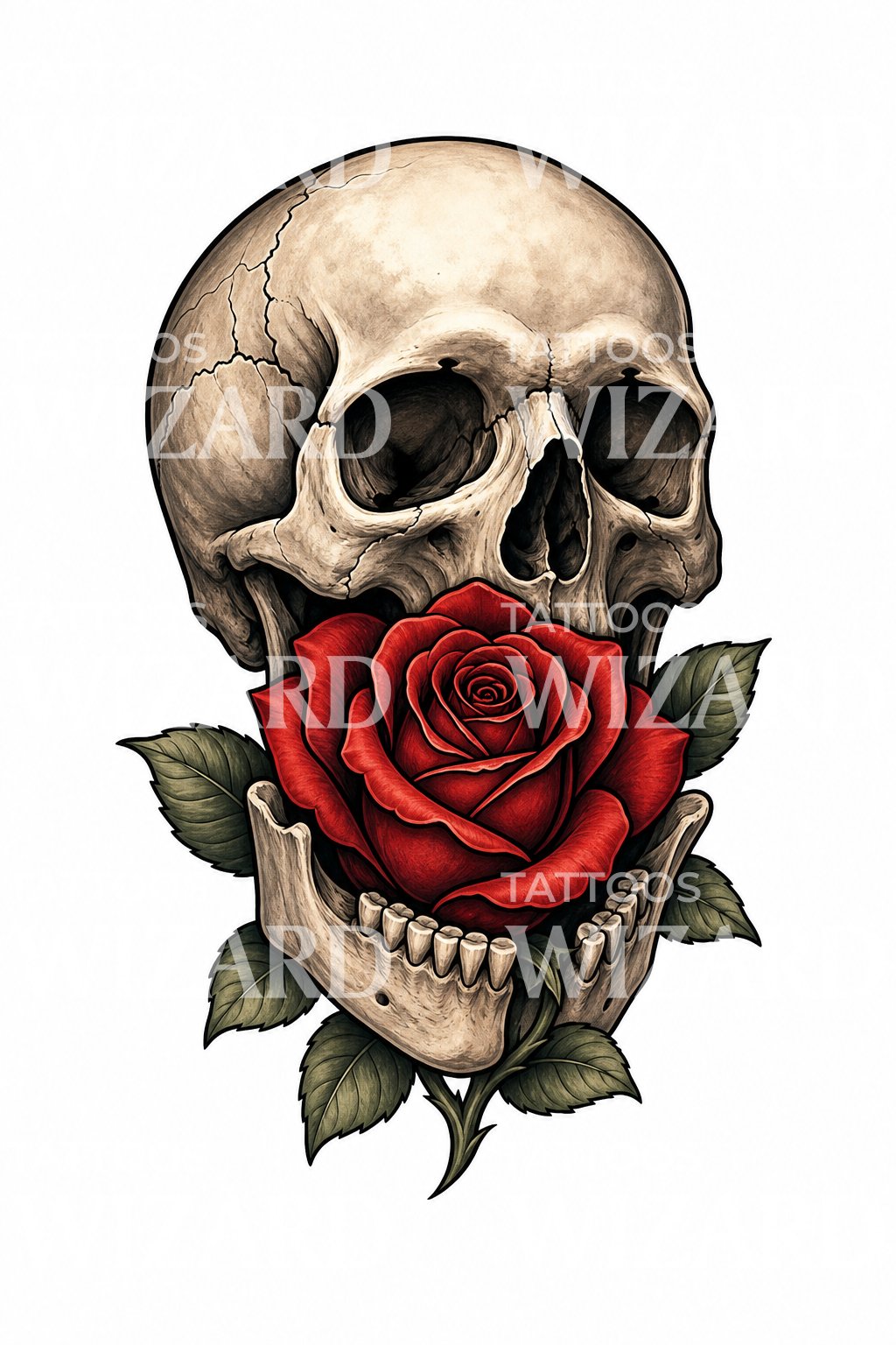 Diseño de tatuaje de calavera y rosa