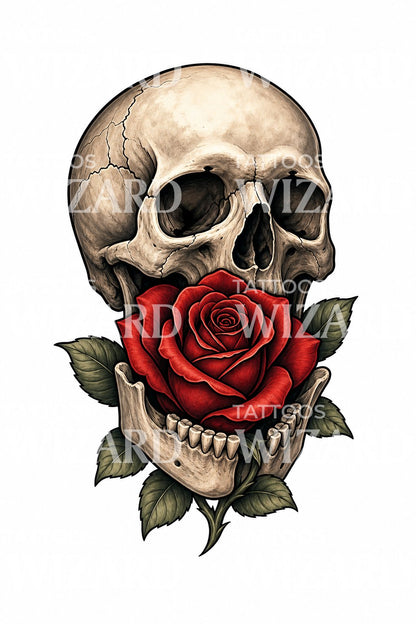 Diseño de tatuaje de calavera y rosa