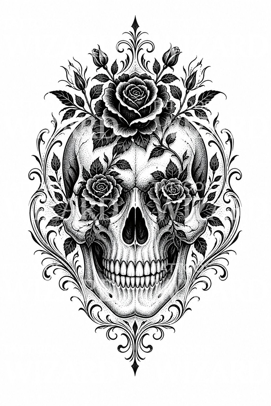 スカルとバラのブラックワークタトゥーデザイン – Tattoos Wizard Designs