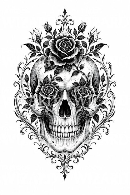 Skull and Roses blackwork tattoo-ontwerp