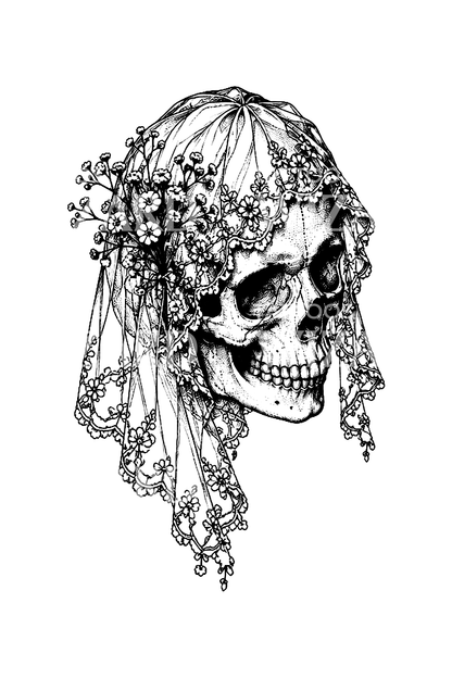 Crâne avec voile en dentelle et gypsophile en tatouage fine line