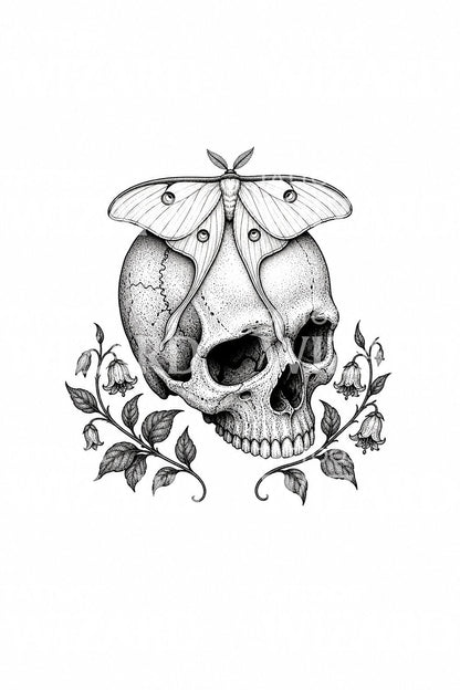 Design de tatuagem de caveira com mariposa-luna