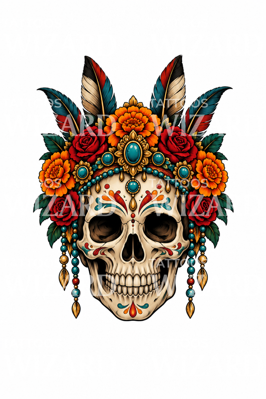 Desain Tato Tengkorak dengan Mahkota Bulu Marigold