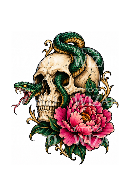 Desain tato tengkorak dengan ular dan peoni merah muda