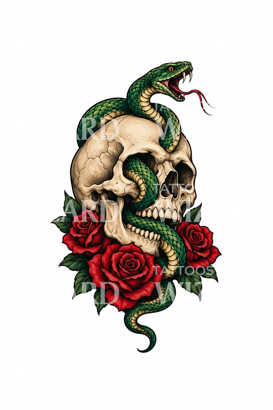 Diseño de tatuaje de calavera con serpiente y rosas rojas