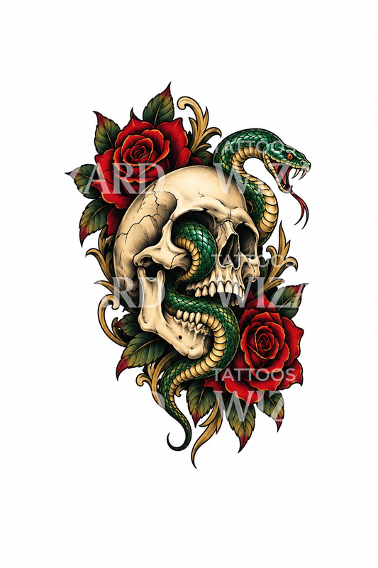 Tatuaje de calavera con serpiente y rosas rojas