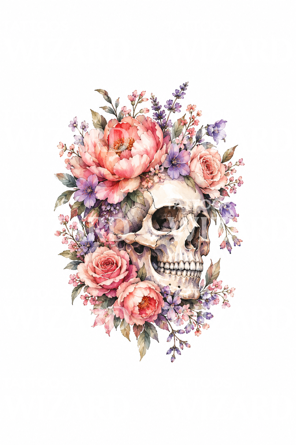 Skull Wreathed in Peonies Watercolor Tattoo