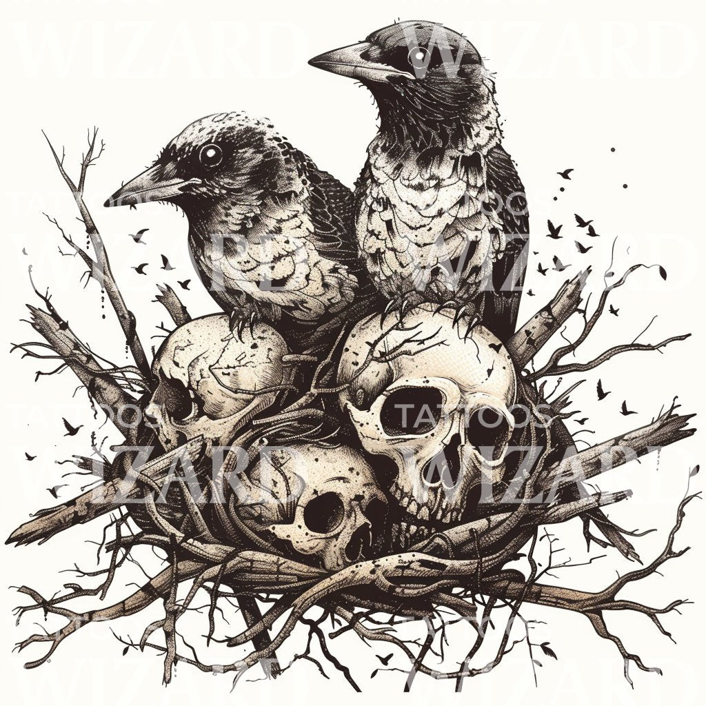 Skulls and Birds in Gothic Nest Tattoo Illustration