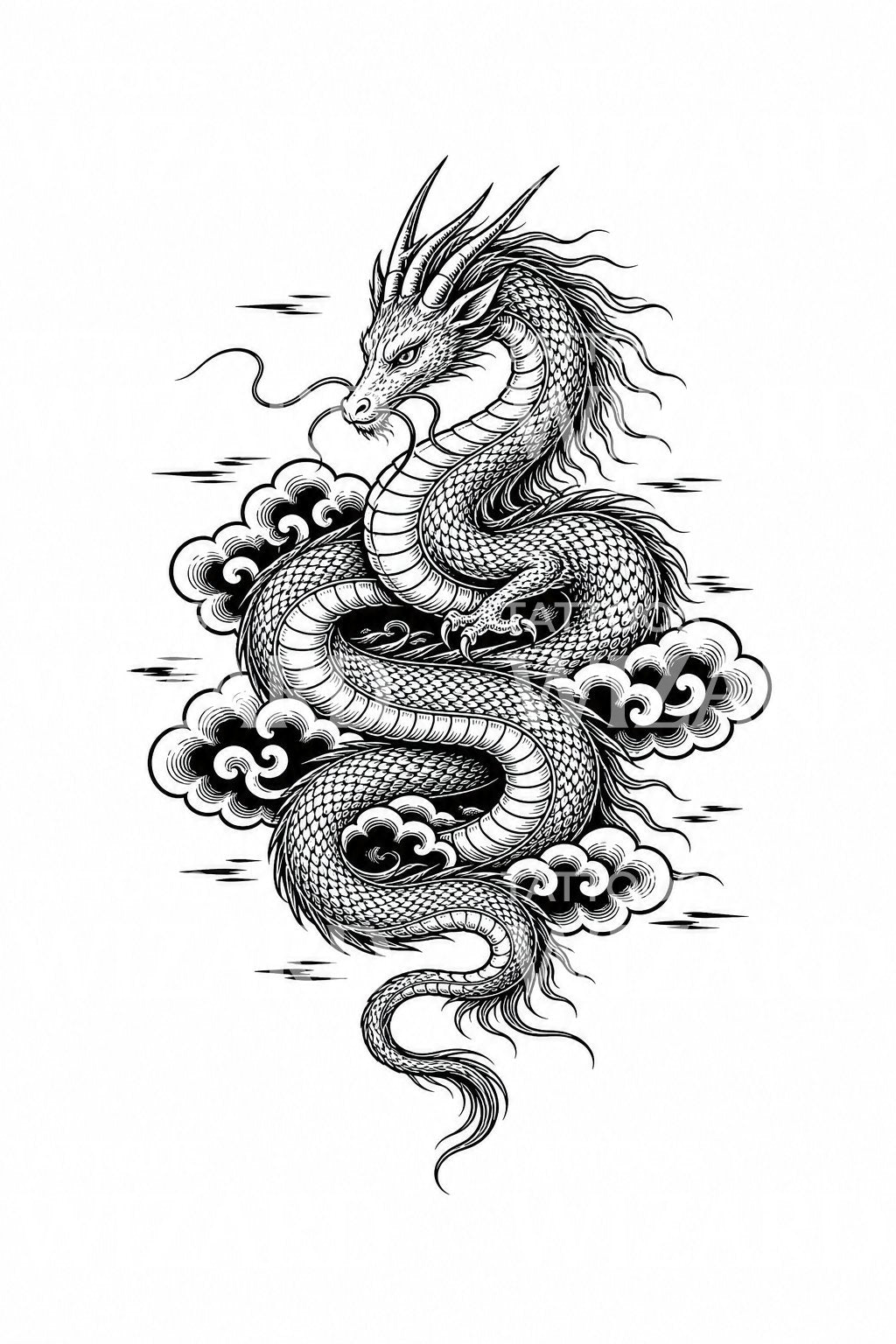 Sky Serpent Dragon in Clouds Tattoo Design