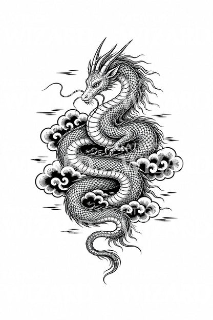 Sky Serpent Dragon in Clouds Tattoo Design
