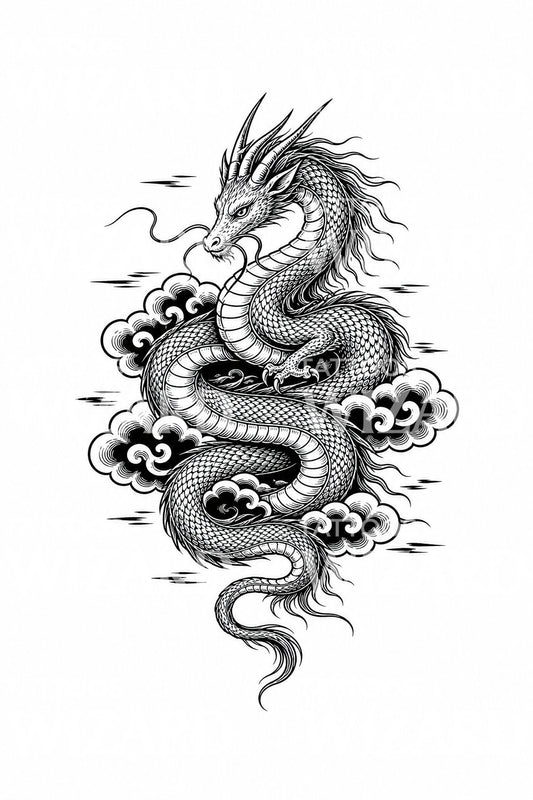 Tattoo-ontwerp van hemelse slangendraak in wolken