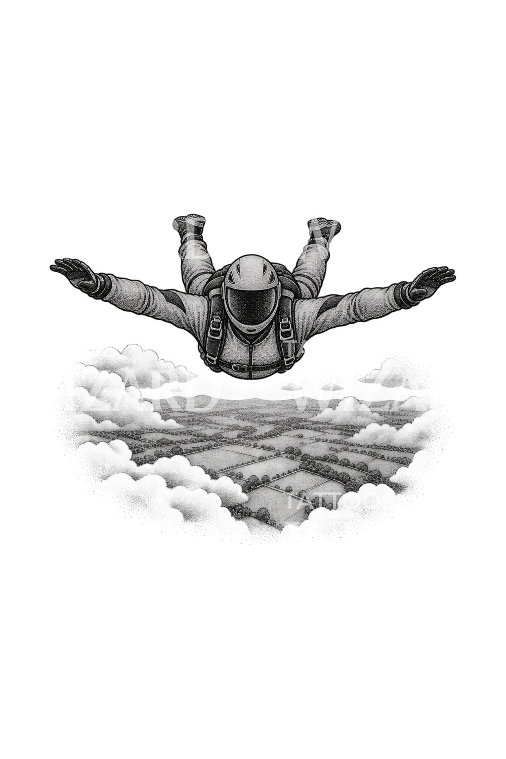 Skydiver freefall over fields dotwork tattoo