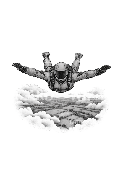Skydiver freefall over fields dotwork tattoo
