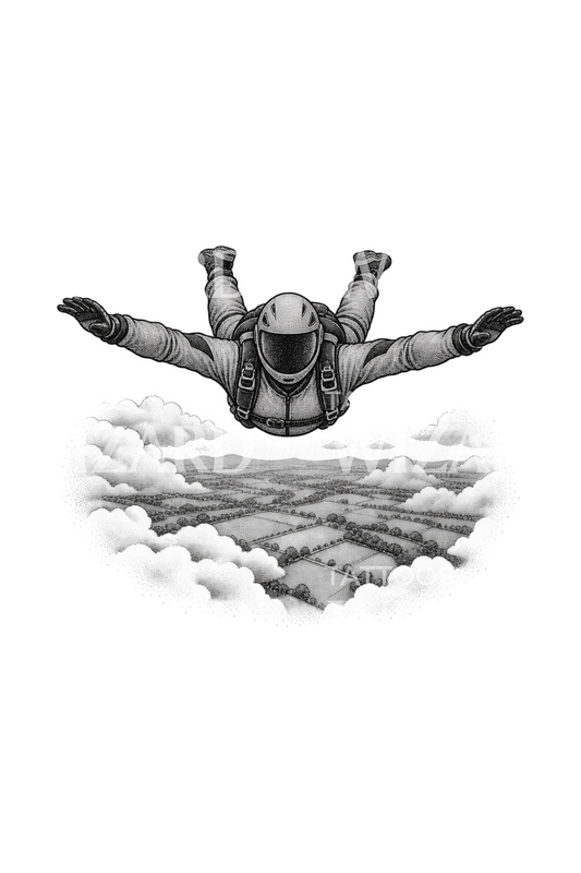 Skydiver freefall over fields dotwork tattoo