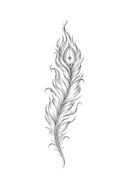 Slavisk ildfuglfjær som fine line-tatovering