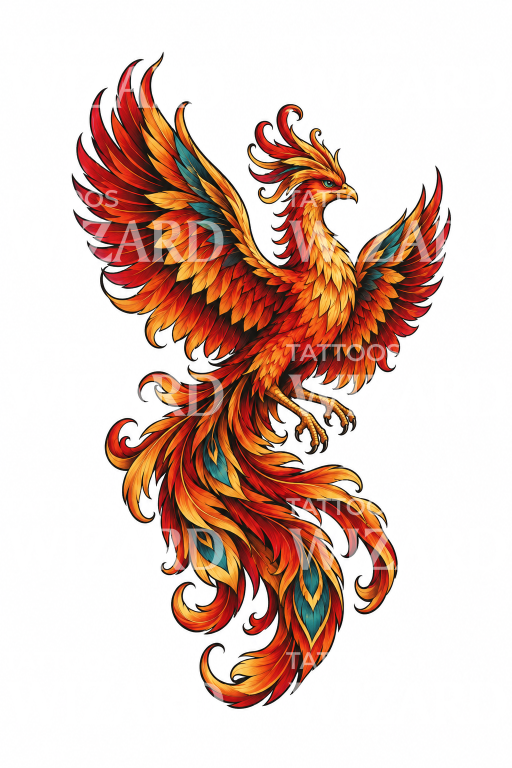 Slavic Firebird in Flames Tattoo Illustration