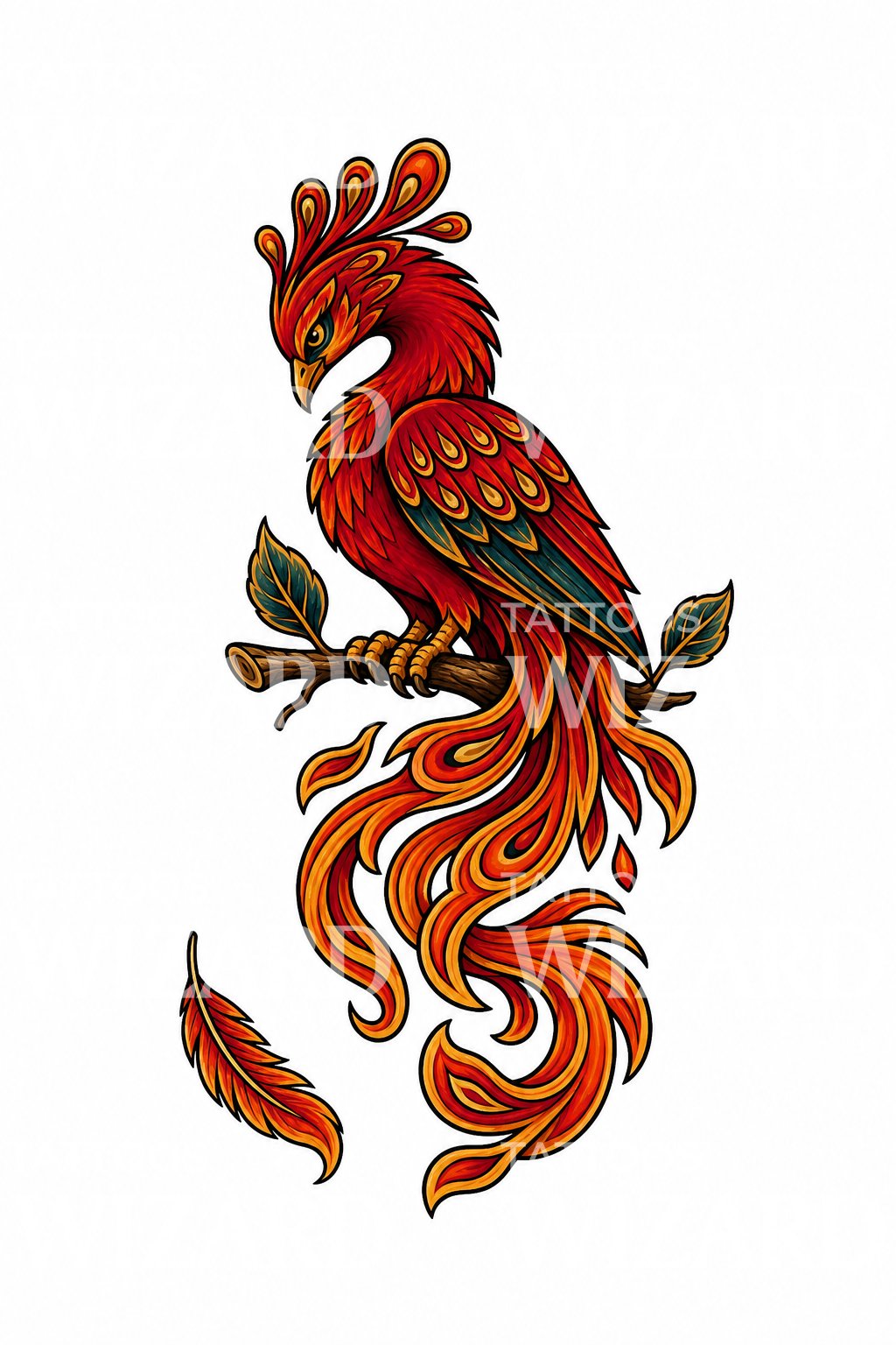 Slavic Firebird on a Branch Tattoo Design