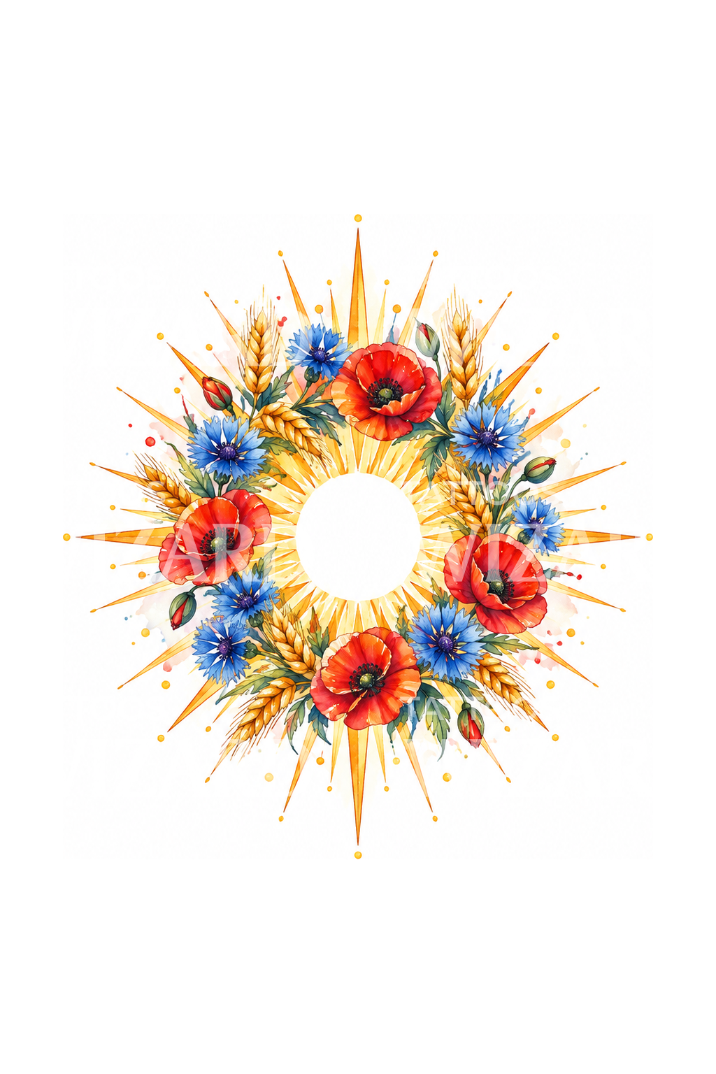 Slavisk blomstersolkrans med valmuer og hvede, akvareltatovering
