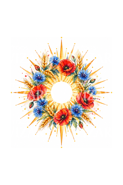 Slavisk blomstersolkrans med valmuer og hvede, akvareltatovering