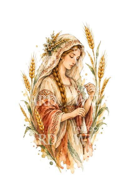 Slavic Goddess Mokosh Spinning Thread Watercolor Tattoo