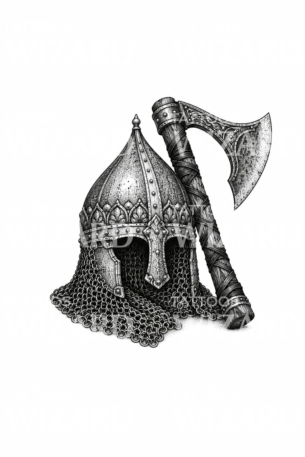 Slawischer Kriegerhelm und Bartaxt als Dotwork-Tattoo