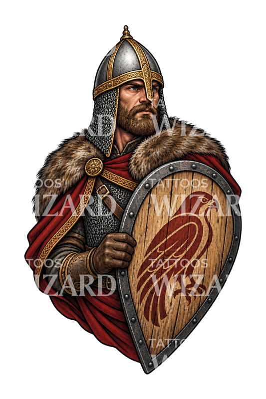 Tattoo-ontwerp van een Slavische krijger met valkenschild