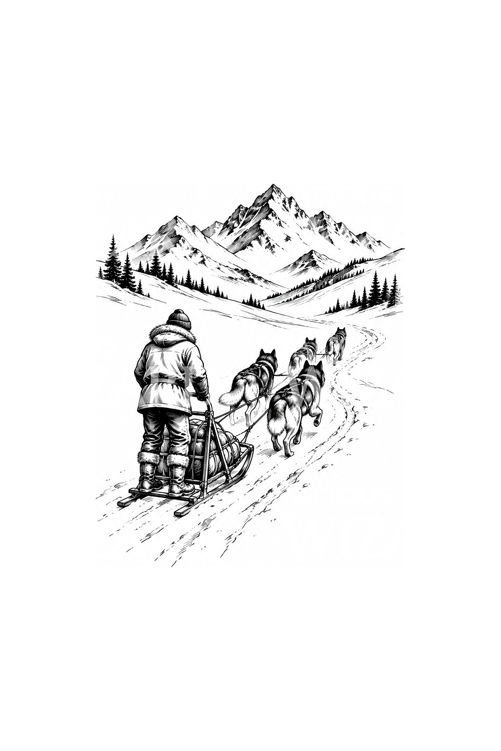 Sled Dog Team Mountain Trail Sketch Tattoo