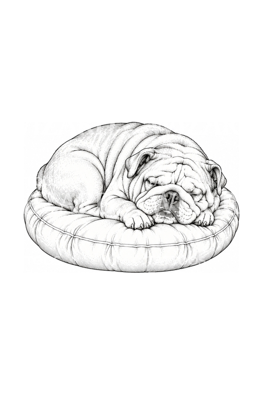 Párnán alvó bulldog finomvonalas tetoválása
