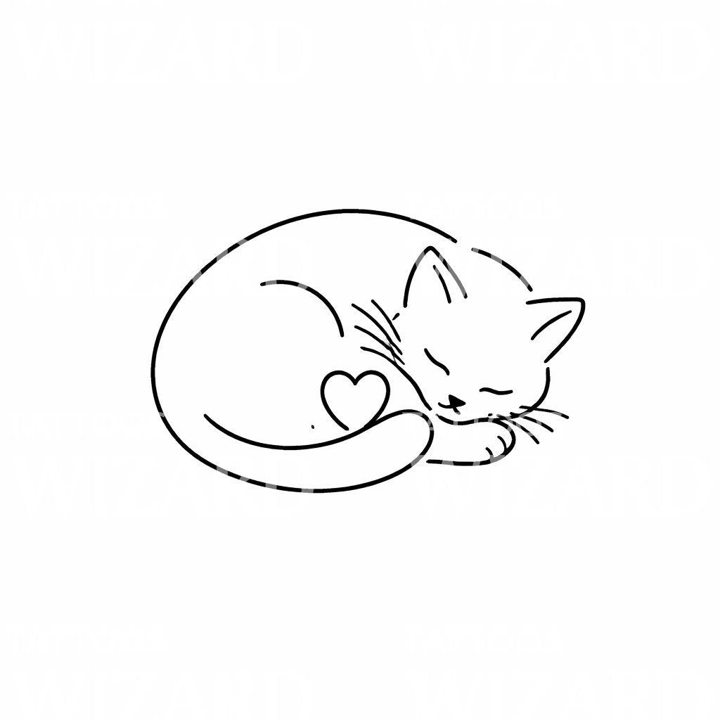 Sleeping Cat Heart Tattoo Design