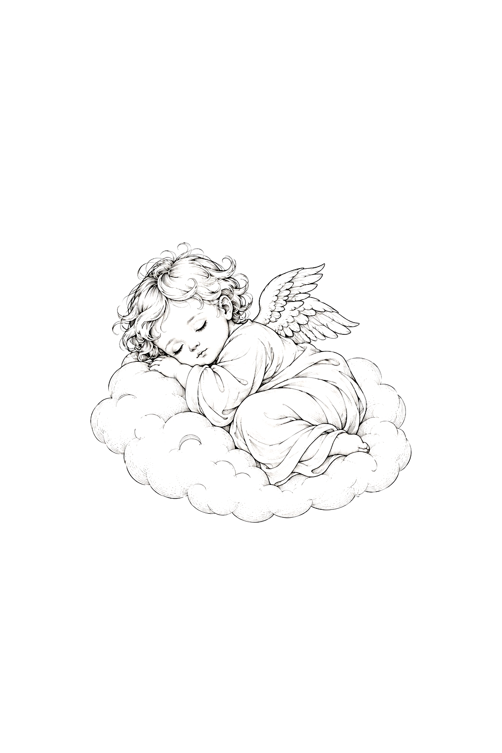 Fine-Line-Tattoo eines schlafenden Cherubs auf einer Wolke