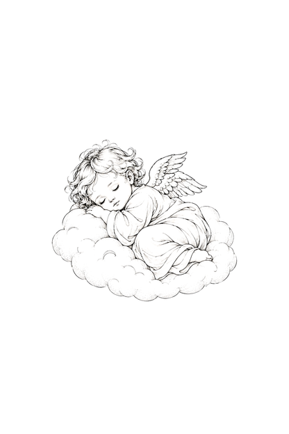 Fine-Line-Tattoo eines schlafenden Cherubs auf einer Wolke