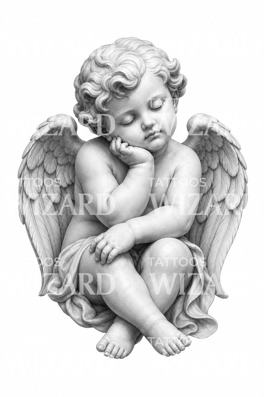 Disegno tatuaggio angelo cherubino addormentato