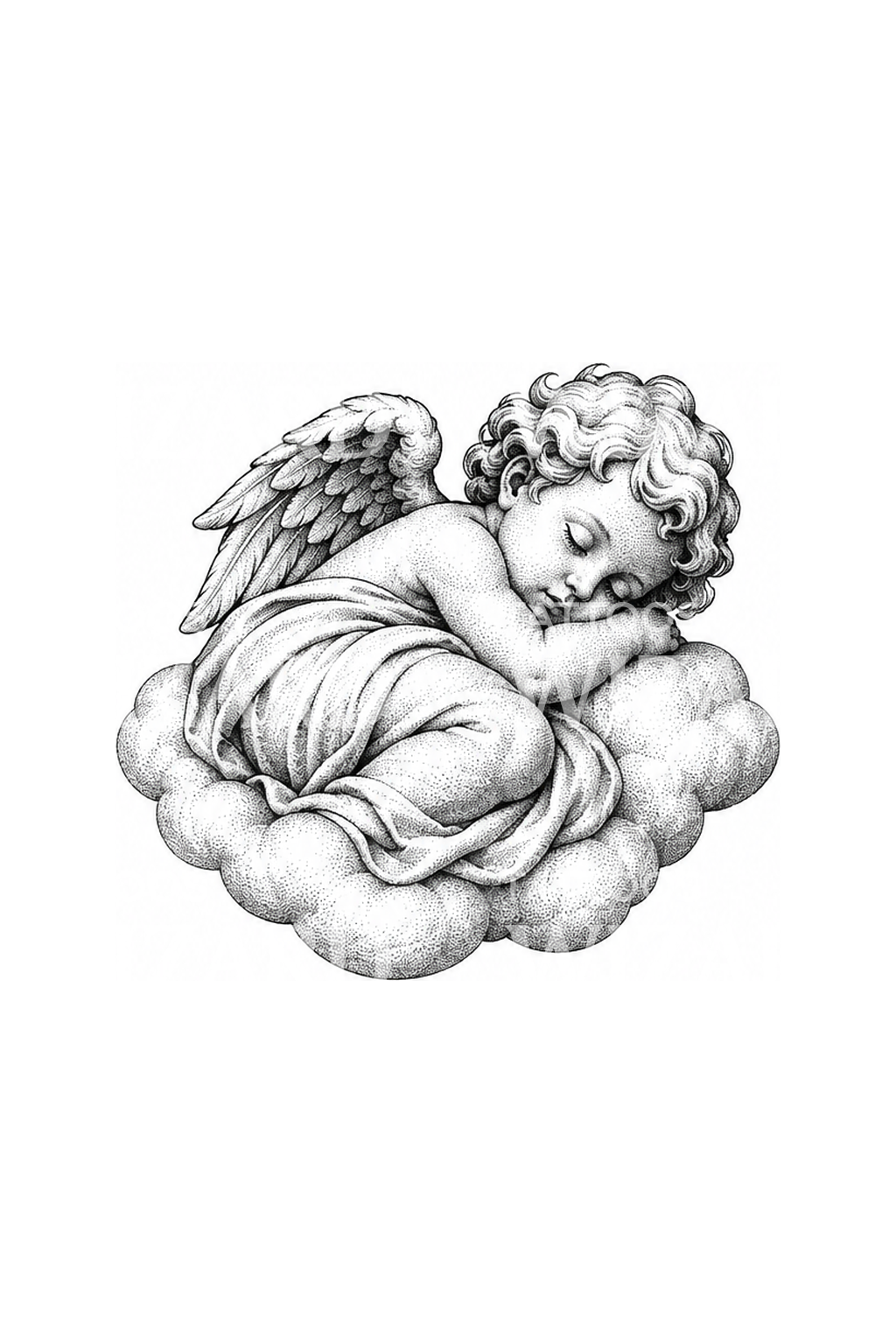 Sleeping Cherub on a Cloud Stipple Tattoo Design