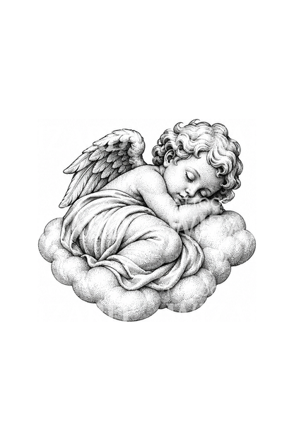 Sleeping Cherub on a Cloud Stipple Tattoo Design