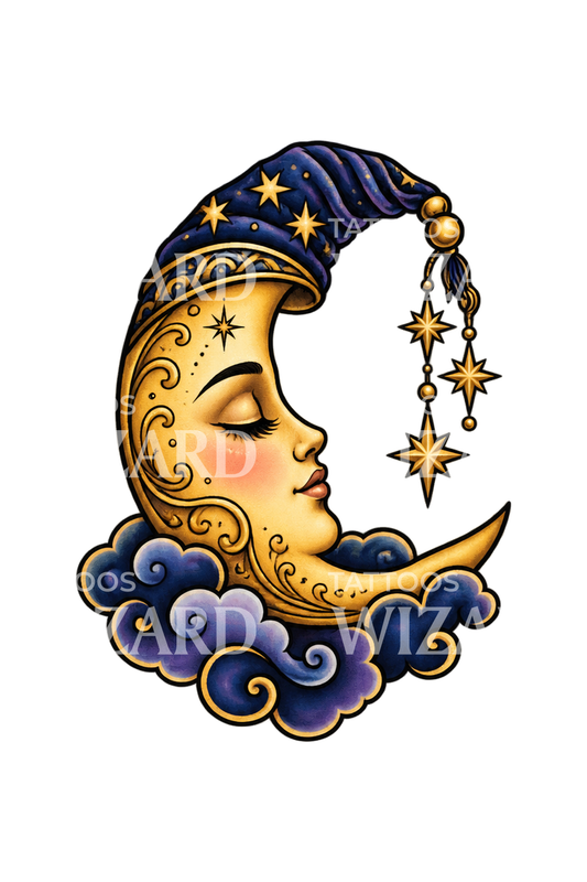 Sleeping Crescent Moon in Starry Nightcap Tattoo Design