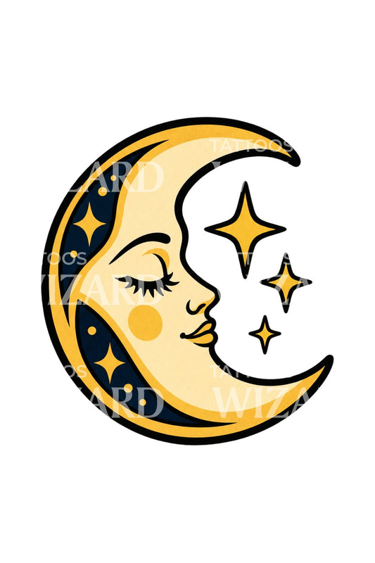 Sleeping Crescent Moon Sticker Tattoo Idea