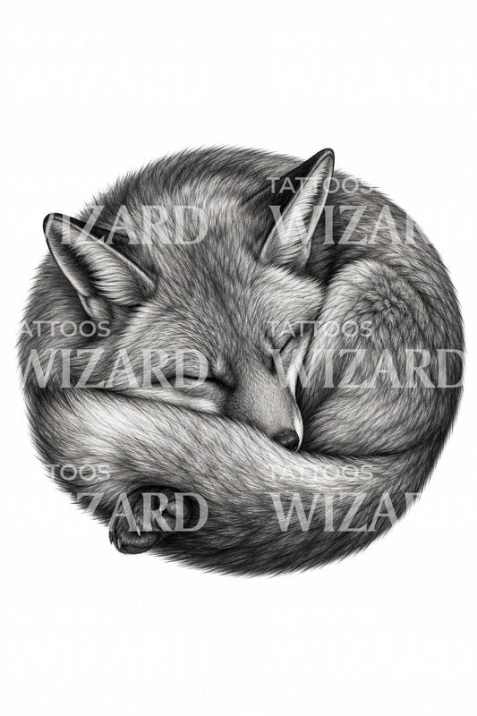 Tattoo-Design mit schlafendem zusammengerolltem Fuchs