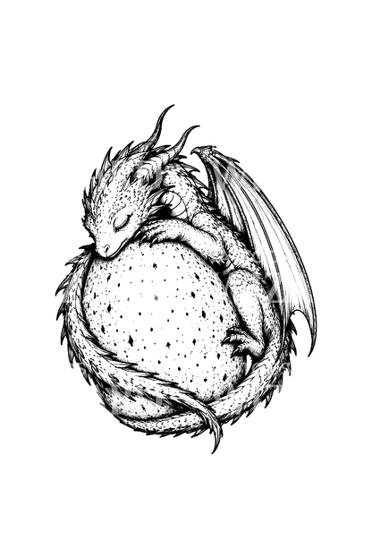 Drago dormiente avvolto intorno a un uovo, tatuaggio fine line