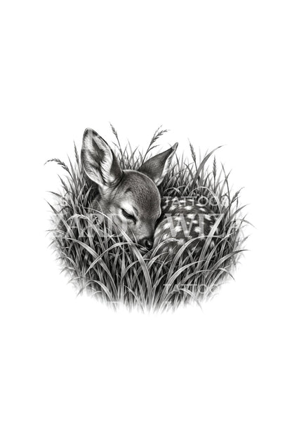 Ilustración de cervatillo dormido oculto entre hierba alta