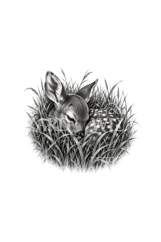 藏在长草中的熟睡小鹿纹身插画