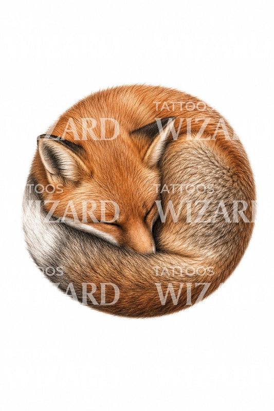 Sleeping Fox Curl Tattoo Illustration